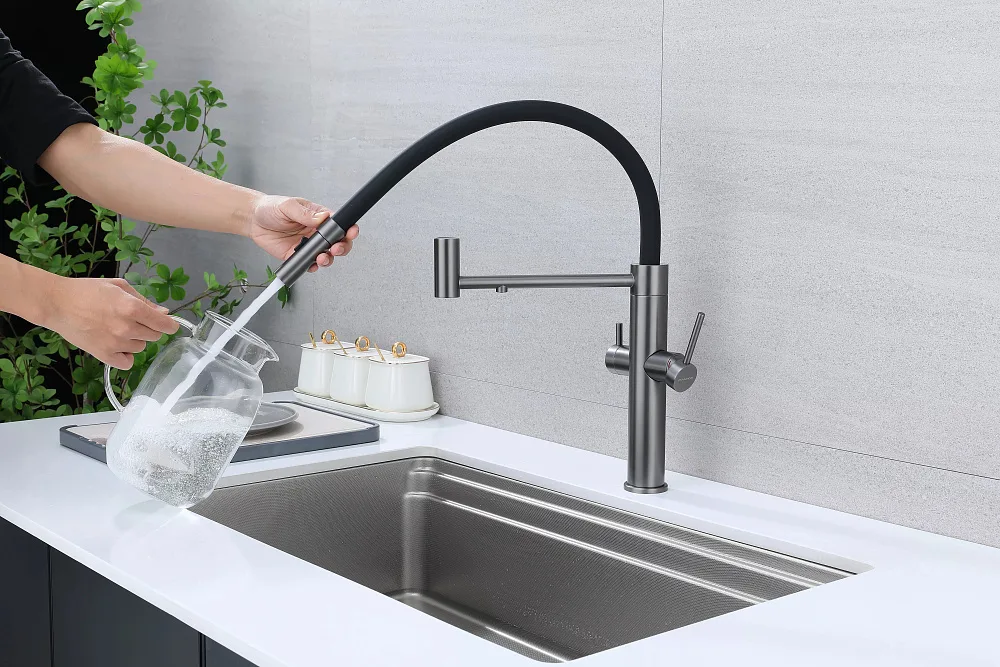 Смеситель для кухни Paulmark Nexus Ne213999-GM с гибким изливом, вороненая сталь Sancos — официальный сайт