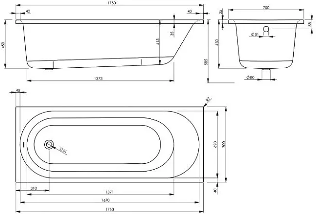 Акриловая ванна Vagnerplast Kasandra VPBA175KAS2X-04 без опоры 175x70 см, пристенная, белая Sancos — Оригинал