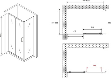 Душевой уголок Abber Schwarzer Diamant AG30100B5-S60B5 100x60, профиль черный, стекло прозрачное