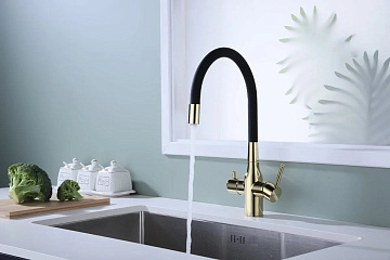 Смеситель для кухни Paulmark Salix 213419-G, золото, черный, с гибким изливом