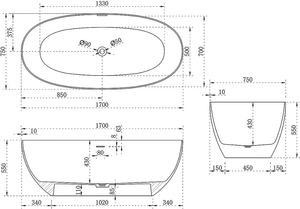 Ванна из искусственного камня Vincea VBT-6S01MW 170x75 см, отдельностоящая, матовая белая, овальная, Sancos — официальный сайт