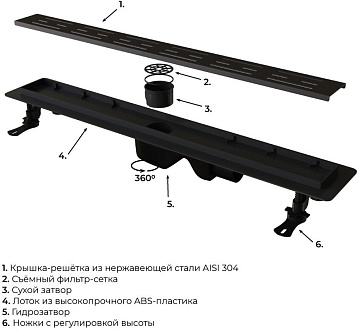 Душевой трап (лоток) RGW Drain Leo-30, черный, 60 см
