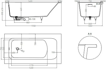 Ванна из искусственного камня Salini Orlanda Plus Kit S-Sense 190x100 см, встраиваемая, белая, на но