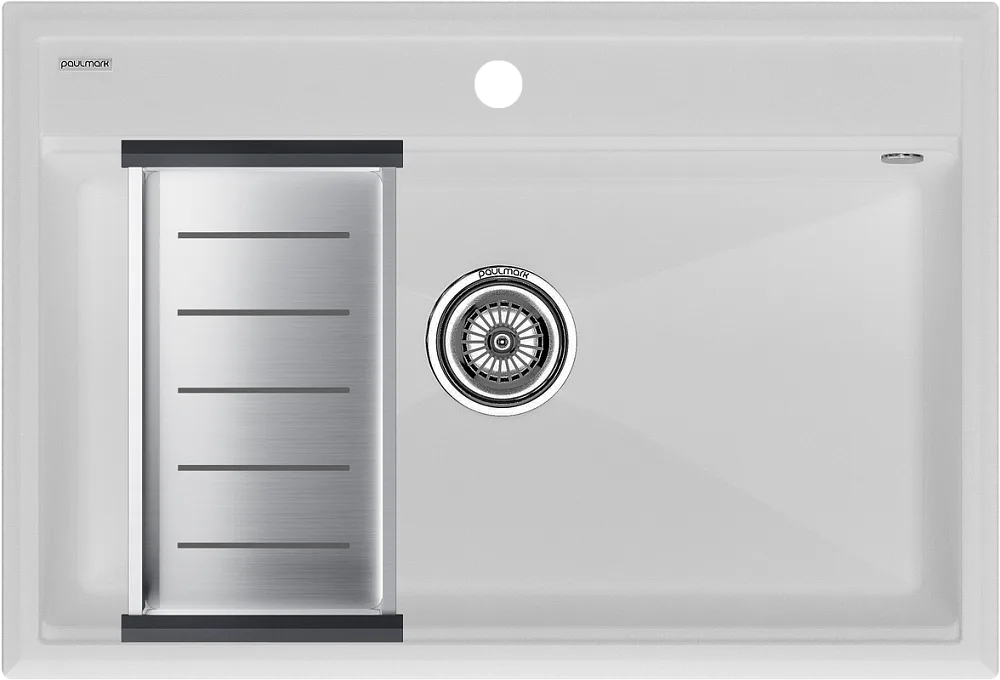 Мойка кухонная Paulmark Stepia PM117551-WH+A375-BS с коландером, белая Sancos — официальный сайт
