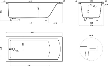 Ванна из искусственного камня Salini Cascata S-Sense 180x80 см, встраиваемая, матовая белая, на ножк