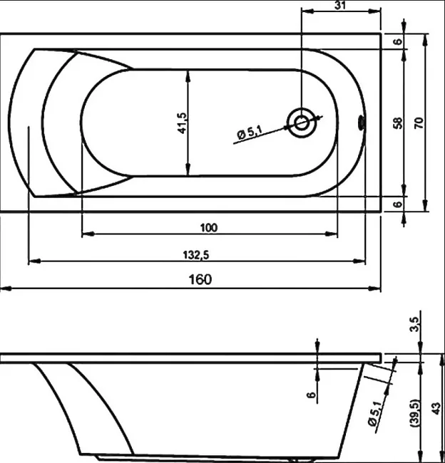 Акриловая ванна Riho Miami B059001005 без опоры 160x70 см, встраиваемая, белая Sancos — Оригинал