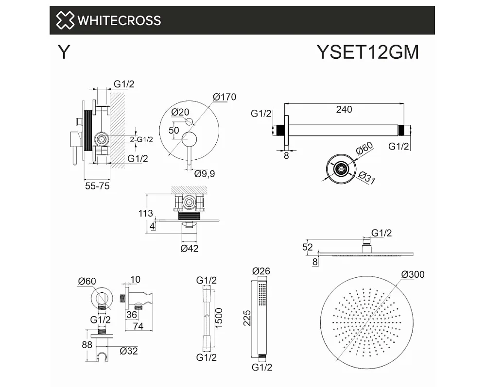 Душевой комплект WHITECROSS Y YSET12GM, С ВНУТРЕННЕЙ ЧАСТЬЮ, оружейная сталь Sancos — официальный сайт