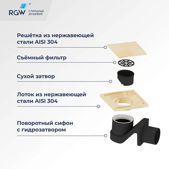 Душевой трап RGW Drain Leo 02-10Gb, золото brush, 10 см Sancos — Оригинал