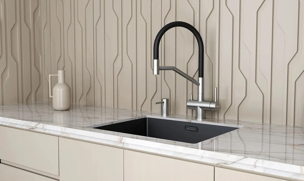 Смеситель для кухни Paulmark Ru213175-BS, с гибким изливом, брашированная сталь Sancos — официальный сайт
