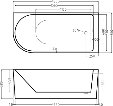 Акриловая ванна Esbano Afina L 170x80 см, левая, ESVAAFINL