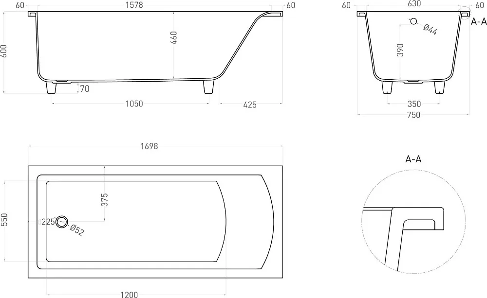 Ванна из искусственного камня Salini Cascata S-Sense 170x75 см, встраиваемая, белая, на ножках Sancos — официальный сайт