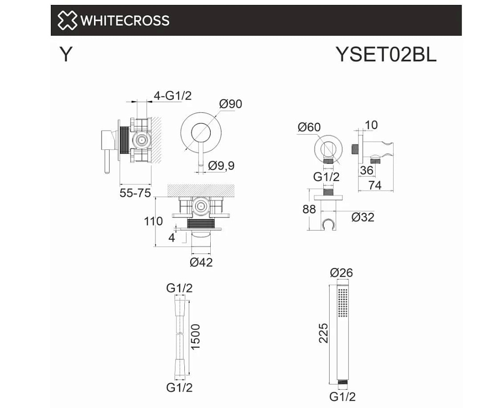 Душевой комплект WHITECROSS Y YSET02BL С ВНУТРЕННЕЙ ЧАСТЬЮ, черный матовый