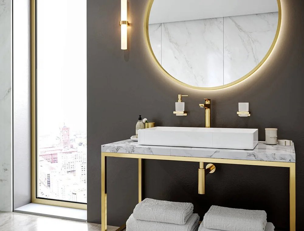 Дозатор Hansgrohe AddStoris 41745990 полированное золото Sancos — официальный сайт