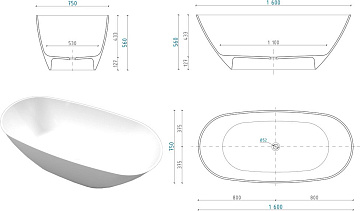 Ванна из искусственного камня WHITECROSS Onyx D 160x75 см, отдельностоящая, белая, овальная, с донны