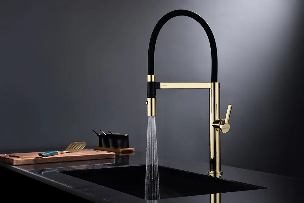 Смеситель для кухни Paulmark Leader Le214101-G, с гибким изливом, золото Sancos — официальный сайт