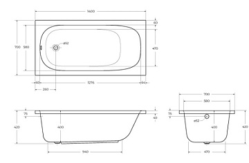 Акриловая ванна Cezares Eco 140x70 см, ECO-140-70-40-W37