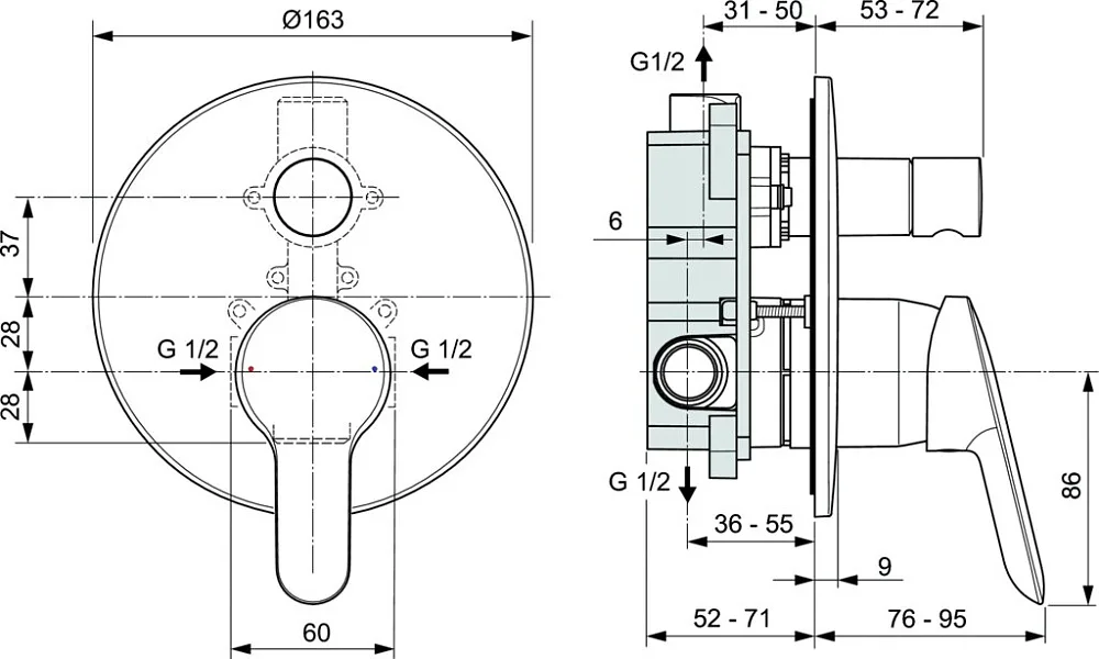 Встраиваемый смеситель Ideal Standard Dot 2.0 A7165AA С ВНУТРЕННЕЙ ЧАСТЬЮ Sancos — официальный сайт