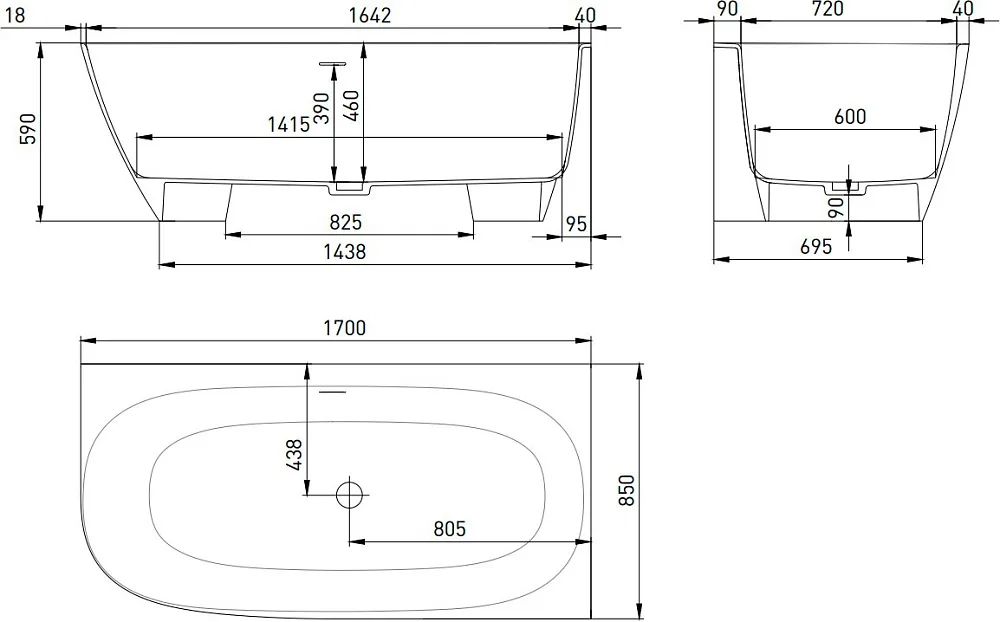 Ванна из искусственного камня Salini Sofia Corner R 170x85 см, угловая, правая, пристенная, матовая  Sancos — официальный сайт