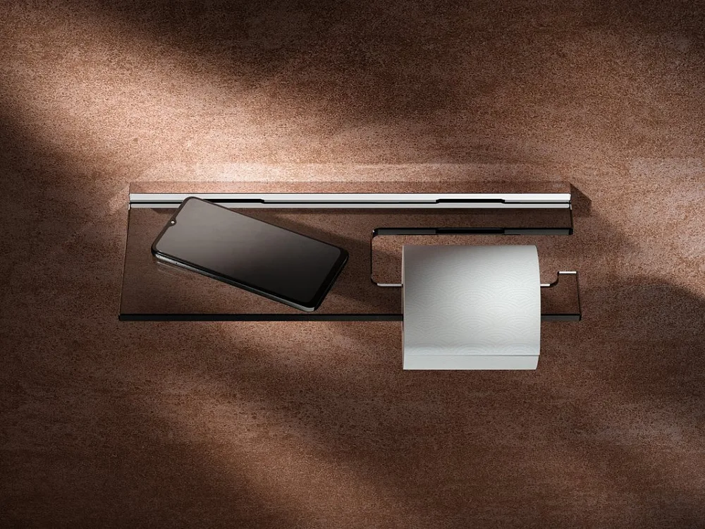 Держатель туалетной бумаги Keuco Edition 90 19173018000 дымчатое стекло, с полкой для телефона Sancos — официальный сайт