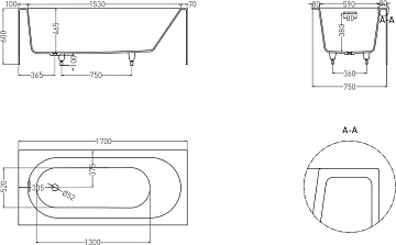 Ванна из искусственного камня Salini Fabia S-Sense 170x75 см, пристенная, белая, с донным клапаном