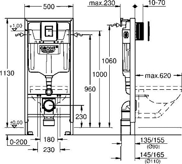 Система инсталляции для унитазов Grohe Rapid SL 1000044, 3 в 1 с панелью смыва