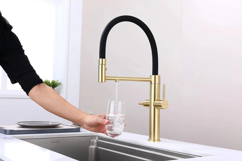 Смеситель для кухни Paulmark Nexus Ne213999-LG с гибким изливом, светлое золото Sancos — официальный сайт