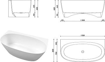 Ванна из искусственного камня WHITECROSS Pearl A 155x80 см, пристенная, белая, овальная, с донным кл