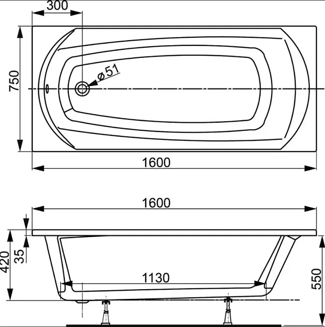 Акриловая ванна Vagnerplast Ebony VPBA160EBO2X-04 без опоры 160x75 см, пристенная, ультрабелая Sancos — Оригинал