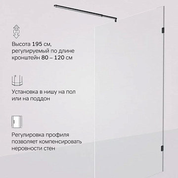 Душевая перегородка AM.PM X-Joy W94WI-120-F1-BTE 120x195, фурнитура черная, стекло прозрачное