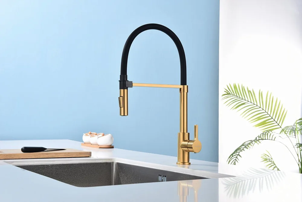 Смеситель для кухни Paulmark Halt Ha214021-BG брашированное золото, с гибким изливом Sancos — официальный сайт