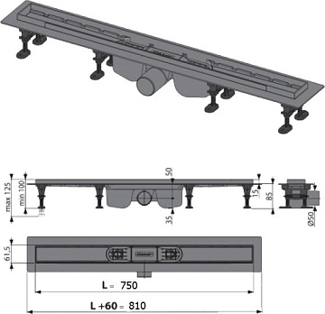 Душевой трап (лоток) AlcaPlast Optima APZ12-750 с опорами