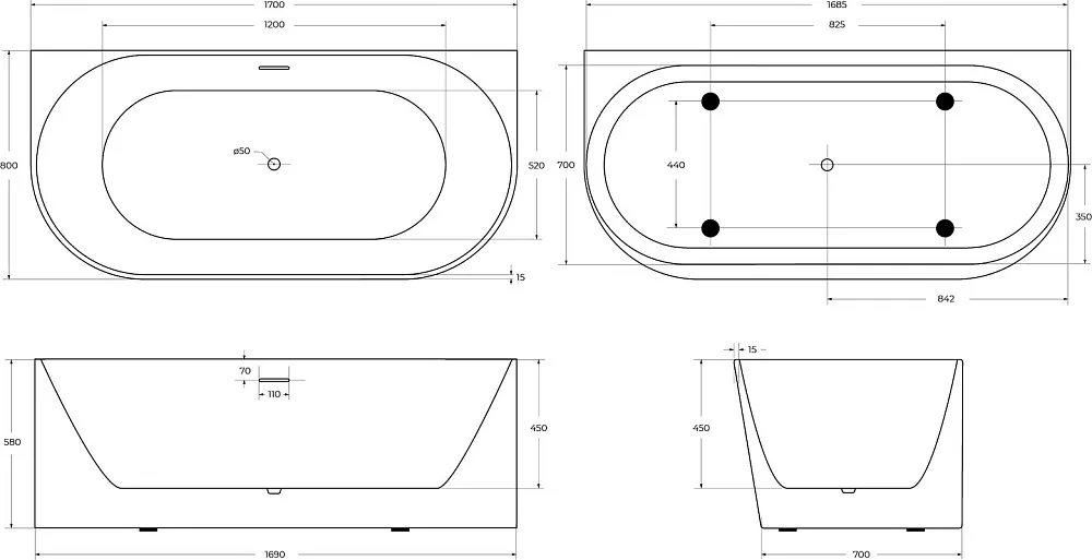Акриловая ванна BelBagno BB412 170x80 см, пристенная, белая, овальная, со сливом-переливом, с донным Sancos — официальный сайт