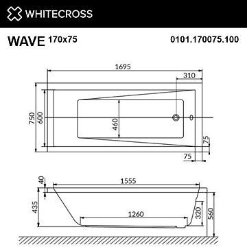 Акриловая ванна WHITECROSS Wave 170x75 см, 0101.170075.100
