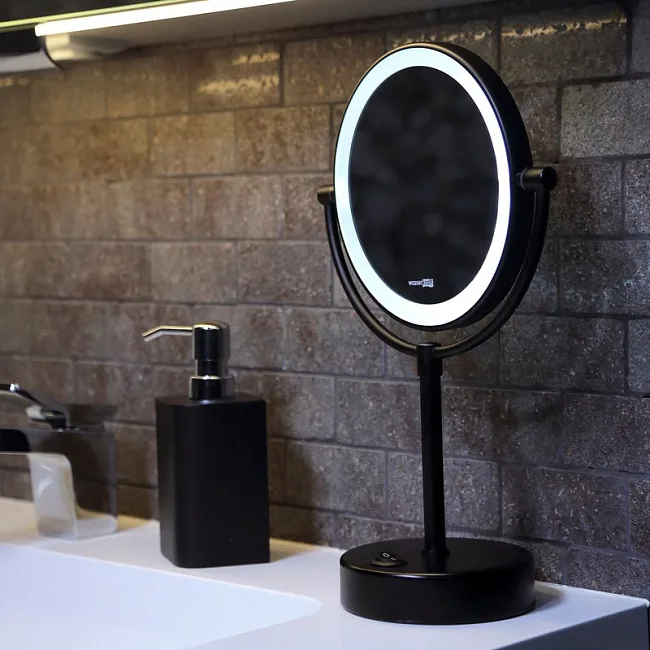 Косметическое зеркало Wasserkraft K-1005Black с подсветкой, двухстороннее, поворотное, черное матово Sancos — Оригинал