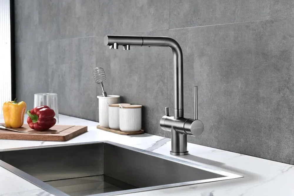 Смеситель для кухни Paulmark Serpentine Se213222-GM вороненая сталь Sancos — официальный сайт