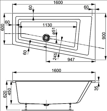 Акриловая ванна Vagnerplast Cavallo offset 160x90 см, правая, VPBA169CAV3PX-04