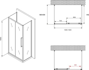 Душевой уголок Abber Schwarzer Diamant AG30160BH-S60B-S60B 160x60, профиль черный,  стекло прозрачно