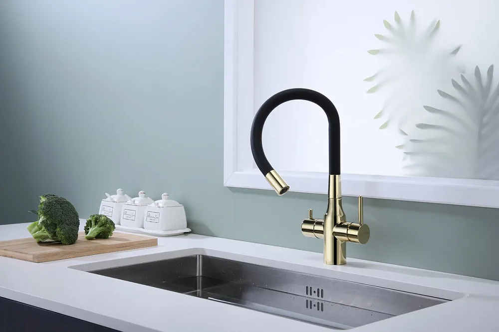 Смеситель для кухни Paulmark Salix 213419-G, золото, черный, с гибким изливом Sancos — официальный сайт