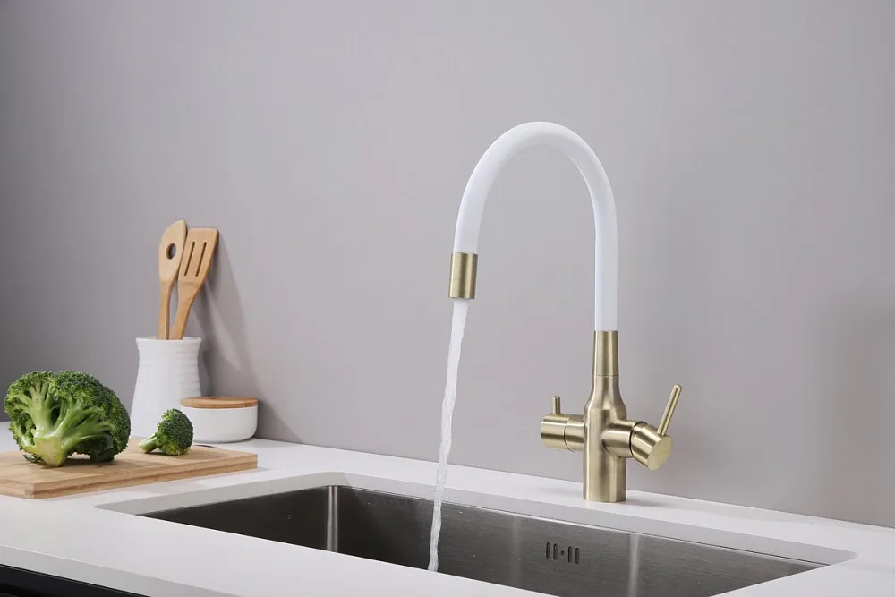 Смеситель для кухни Paulmark Salix 213419-BRw, бронза, белый, с гибким изливом Sancos — официальный сайт