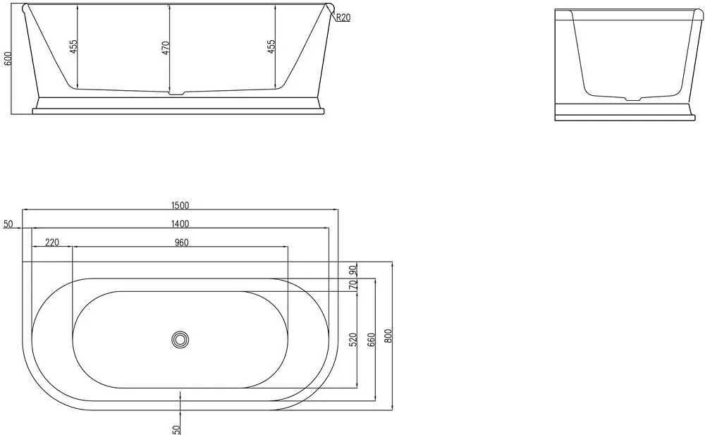 Акриловая ванна BelBagno BB408-1500-800 без опоры 150x80 см, пристенная, белая, овальная Sancos — официальный сайт