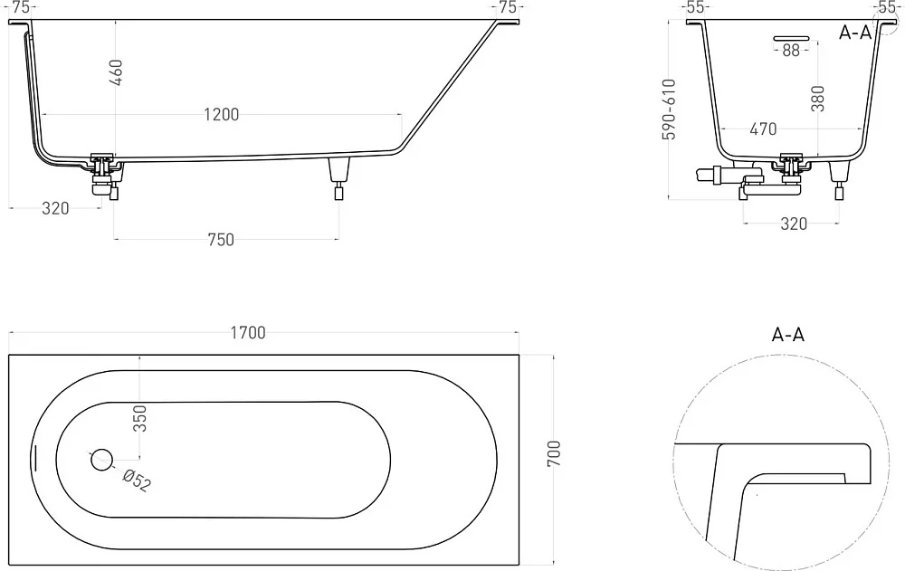 Ванна из искусственного камня Salini Ornella Kit S-Sense 170x70 см, встраиваемая, белая, на ножках,  Sancos — официальный сайт