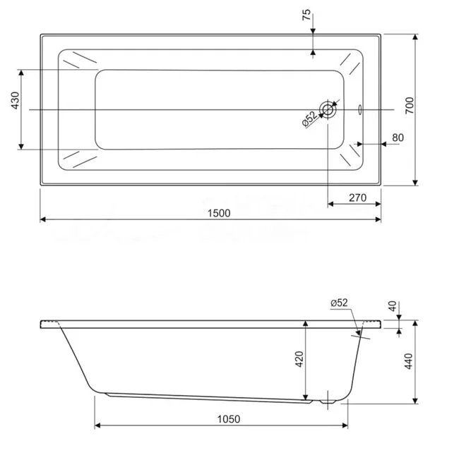 Акриловая ванна Cezares Plane Solo Mini 150-70-42-W37 без опоры 150x70 см, пристенная, белая Sancos — Оригинал