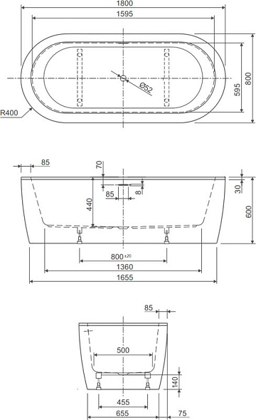 Акриловая ванна Cezares Slim 180x80 см, SLIM CENTRAL-180-80-60-W37-SET