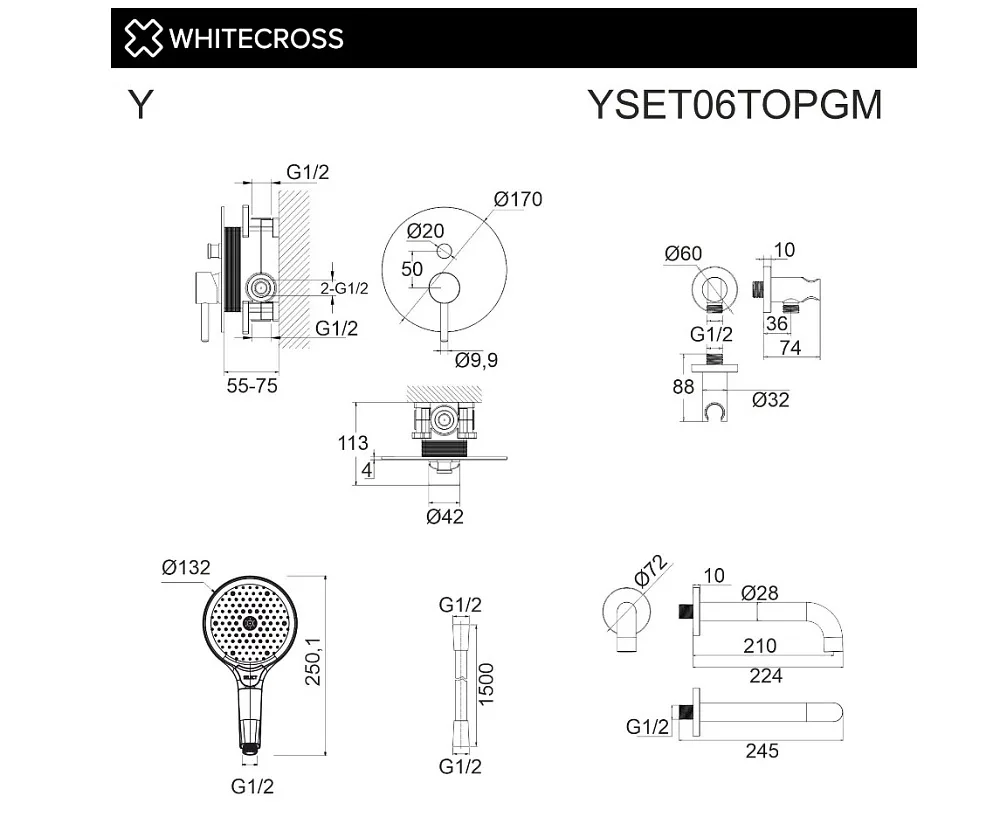 Душевой комплект WHITECROSS Y YSET06TOPGM, С ВНУТРЕННЕЙ ЧАСТЬЮ, оружейная сталь Sancos — официальный сайт
