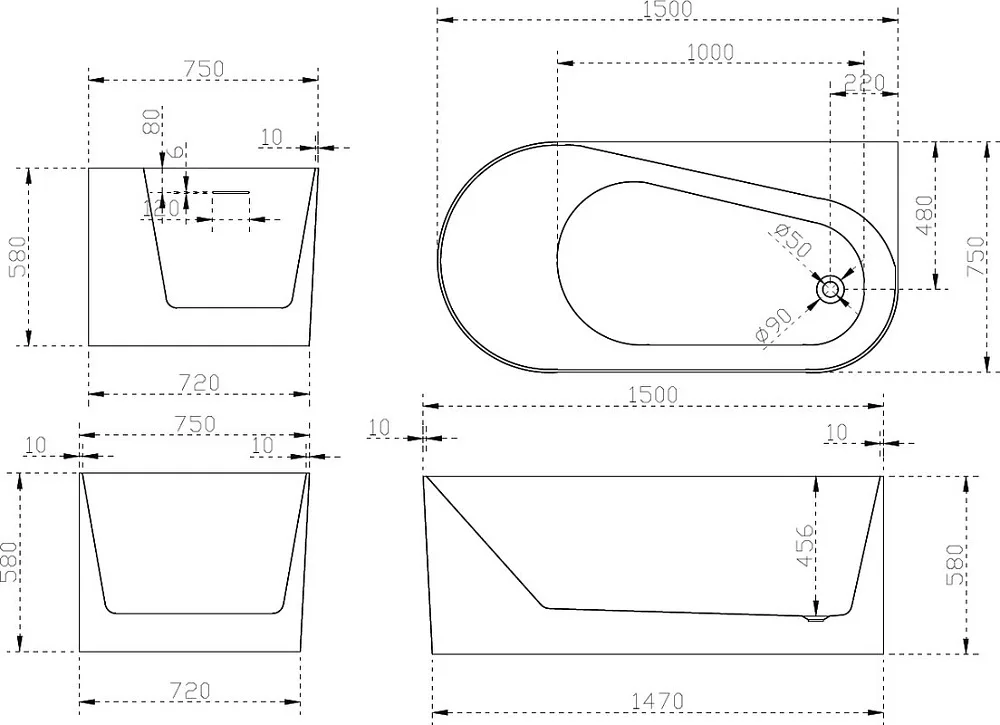 Акриловая ванна Abber AB9496-1.5 R 150x75 см, угловая, правая, пристенная, белая, асимметричная, с к Sancos — официальный сайт