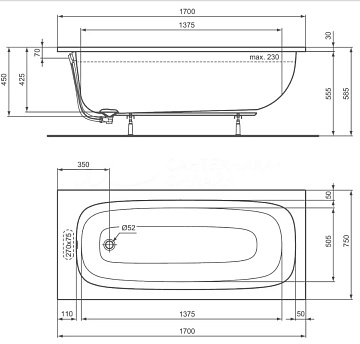 Акриловая ванна Ideal Standard I.life A T476001 без опоры 170x75 см, пристенная, euro white 