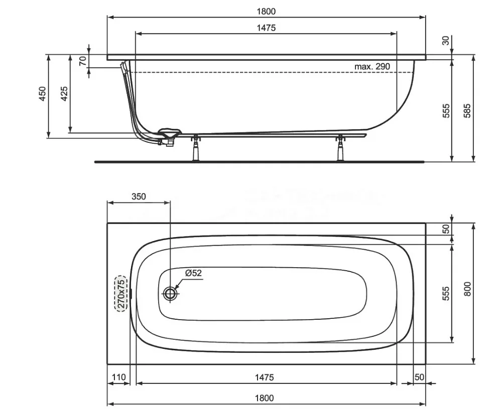 Акриловая ванна Ideal Standard I.life A T476201 без опоры 180x80 см, пристенная, euro white  Sancos — официальный сайт