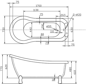 Акриловая ванна BelBagno 170x70 см, правая, BB20-1700
