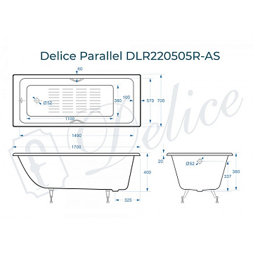 Чугунная ванна Delice Parallel 170х70 см, с черными матовыми ручками, с антискользящим покрытием
