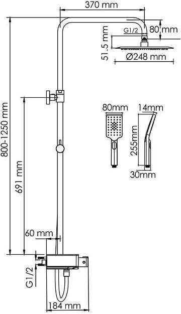 Душевая стойка Wasserkraft Abens 2000 A114.258.130.CB Thermo, с термостатом, черная